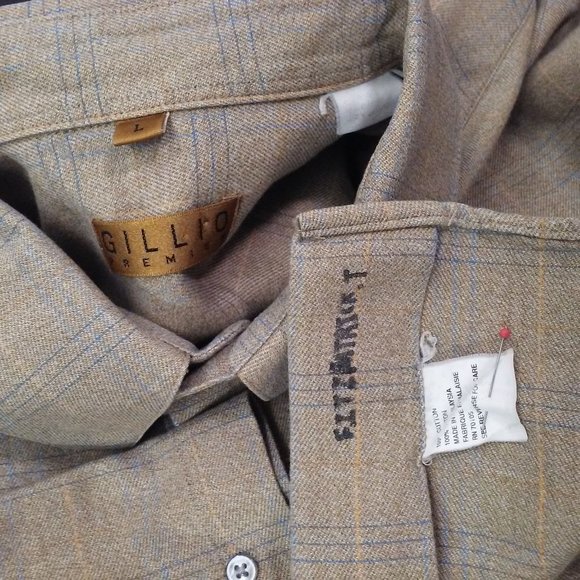 Vintage Gillio Premier LS Plaid Shirt Shell Button-Down Men-L Pocket Cotton Tan - Picture 7 of 12